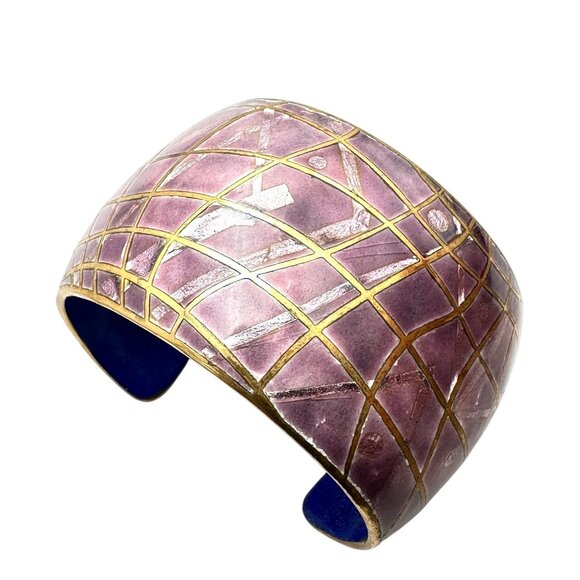 Vintage Artisan David Kuo Champleve Enamel Cuff Bracelet Pink Abstract 6.5 Inch - Picture 4 of 5